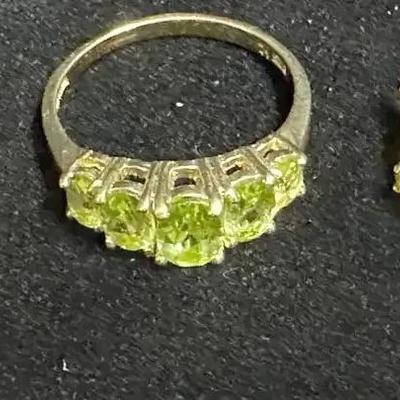 Sterling Silver 925 Peridot Ring w/ Matching Green Stone Hoop Earrings (Unmarked)