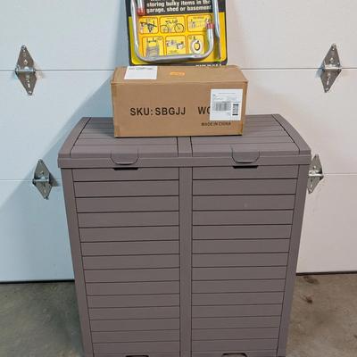 Outdoor Resin Storage Cabinet with Boxed Metal Shelving Unit and Jumbo Hang-N-Stor Wall Hooks