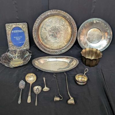 Assorted Silver Plate Serving Pieces, Utensils & Frame Lot
