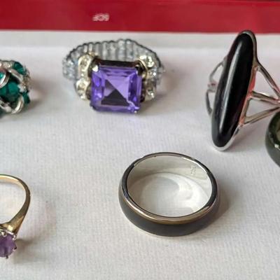 Mixed Ring Lot – Stone & Beaded Rings with Purple, Green & Black Accents