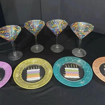 4 Colorful Martini Glasses & 4 Dessert Plates – 8-Piece Party Set