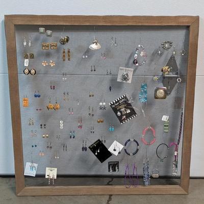 Assorted Costume Jewelry Lot with Display Screen and Wooden Frame