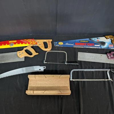 Assorted Hand Saws, Coping Saws, and Wooden Miter Box Lot