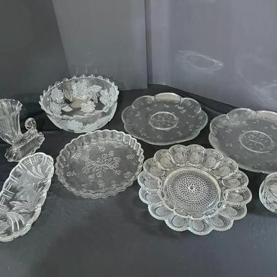 8 - Vintage Pressed & Etched Clear Glass Serving Lot – Plates, Bowls, Egg Dish & Candy Dish