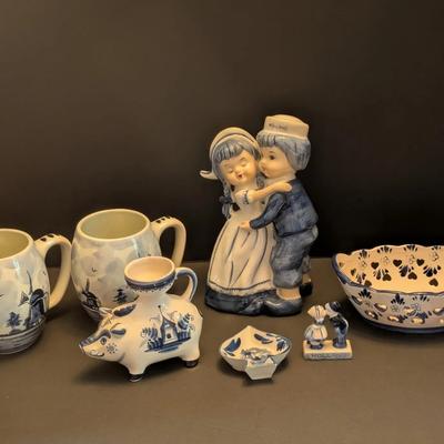 Blue & White Delft-Style Decorative 7 Item Lot – Holland Figurines, Vessels & Tableware