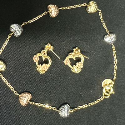 14K Gold Tri-Color Heart Bracelet w/ Floral Heart Earrings (Unmarked)