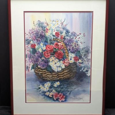 Framed Watercolor by Mary Ann Hall – Floral Basket Still Life, 29" x 23"