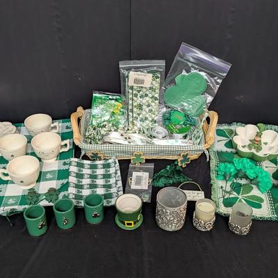 St. Patrick’s Day Decor Lot w/ Irish Blessing Cups, Longaberger Textiles & Candle Holders