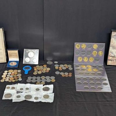 Mixed Coin Collection with Display Folders, Medallion, and Assorted U.S. & Foreign Coins
