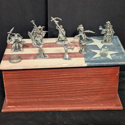 Pewter Fantasy Figurine Lot with Decorative Ring on Wooden Box