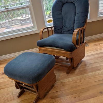Hokizolo Wooden Glider Chair with Matching Ottoman, Blue Upholstery