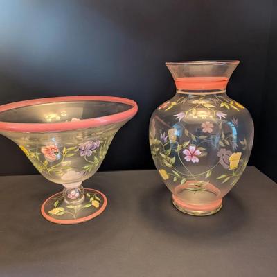 Hand-Painted Floral Glass Vase & Compote Lot