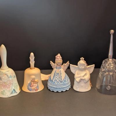 Five Decorative Bell Lot with Angels, Porcelain & Glass