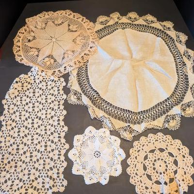 Vintage Crochet and Lace Doilies & Embroidered Linen Tablecloth w/Napkins & Napkin Rings