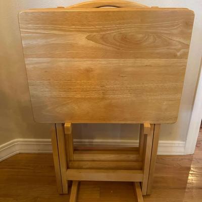 Set of 4 Solid Wood TV Trays with Storage Stand