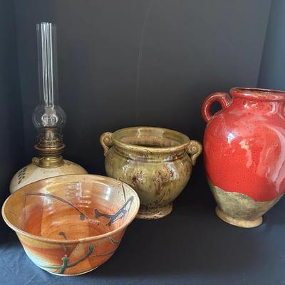 Decorative Pottery & Oil Lamp Lot – Rustic / Artisan Style