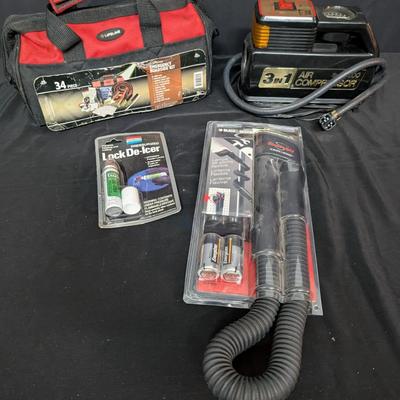 Automotive Emergency Accessories Lot with Air Compressor, Roadside Kit, Snakelight, and Lock De-Icer