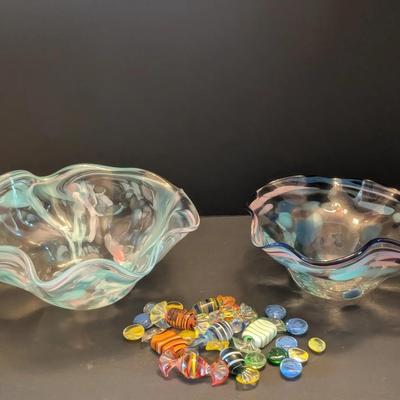 Two Blown Glass Bowl Lot with Decorative Glass Pieces