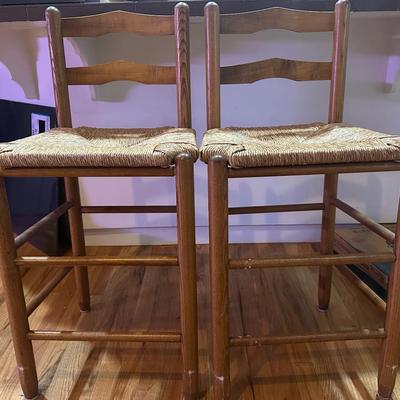 Pair of Wooden Bar Chairs w/ Woven Rush Seats – 36” Tall