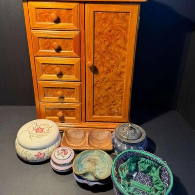 Jewelry Storage Lot – Wooden Jewelry Cabinet & Assorted Trinket Boxes