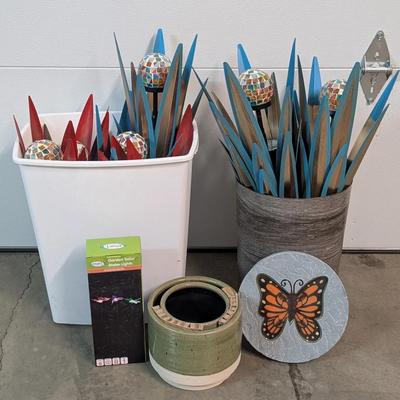 Garden Décor Lot with Solar Stake Lights, Planters, and Butterfly Stepping Stone