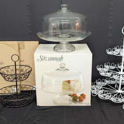 Two Glass Cake Stands with Domes and Metal Gumdrop Tree and Cupcake Display Stands