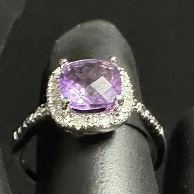 Sterling Silver Amethyst & Diamond Halo Ring – Cushion Cut Center, Pavé Band