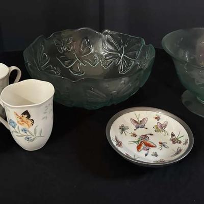 Decorative Butterfly Tableware Lot – Lenox Butterfly Mugs, Japanese Dish & Two Large Glass Bowls
