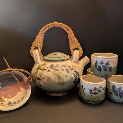 Signed Hawaiian Studio Pottery Tea Set with Cups and Serving Basket