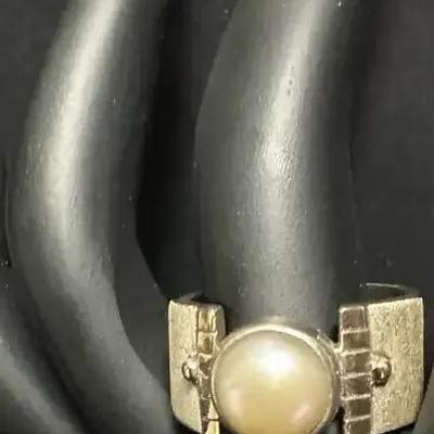 Sterling Silver 925 Cabochon Pearl Ring – Wide Band – Size ~8.5