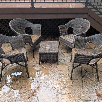 Outdoor Wicker Patio Seating Set with Four Armchairs and Matching Side Table