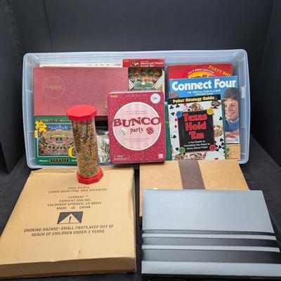 Mixed Board & Party Games Lot – Scrabble, Bunco, Checkers, Puzzles, Books & More
