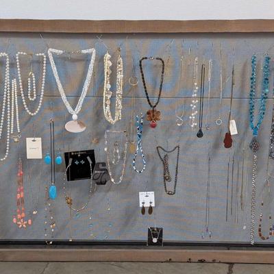 Assorted Costume Jewelry Necklace Lot with Display Screen and Wooden Frame