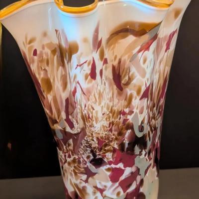 Tall Hand-blown Glass Vase with Ruffled Rim