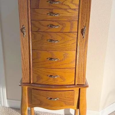 Solid Oak Worthington Jewelry Armoire with Drawers and Swing Out Doors