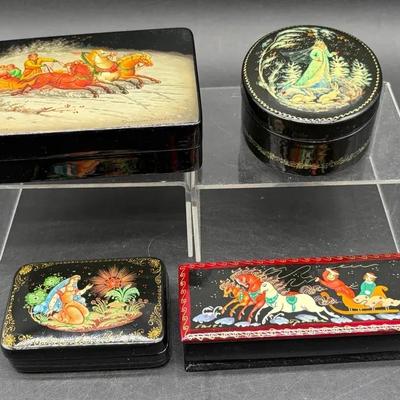 (4) Beautiful Handpainted Russian Lacquer Boxes