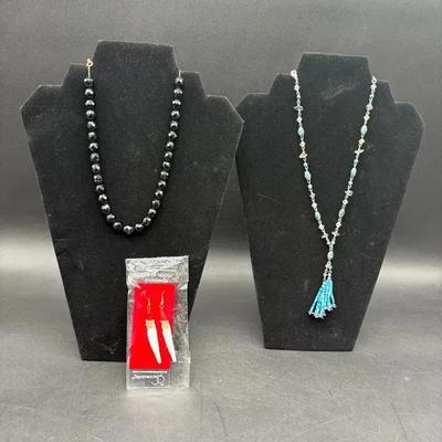 (2) Beaded Necklaces & Dept 56 Santa Earrings 