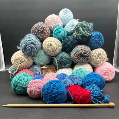 Assorted Skeins of Yarn & Large Knitting Needle