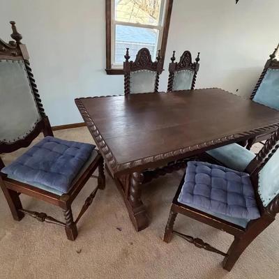 Ornate Carved Wood Dining Set- Table & (6) Chairs