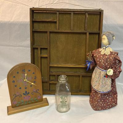Wooden Display Shelf, Clock & Vintage Milk Bottle 