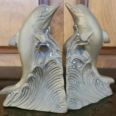 Brassy Bookends - Pair Of Porpoise Props For Periodicals & More