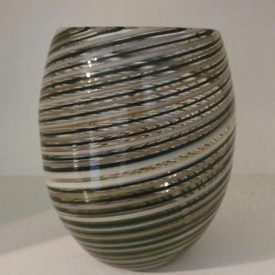 Signed Sideways Striped Vase With Glistening Glass Composition 