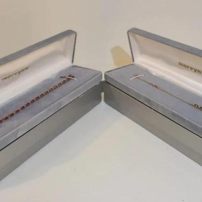 Tasteful 10K Bracelet Duet With Gorgeous Green And Ravishing Red-Tone Stones