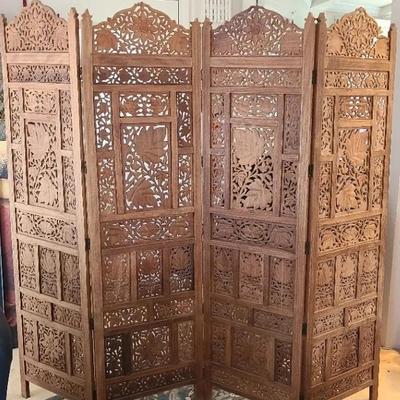 Solid Wood Changing Screen/Room Divider With Intricately Carved Details 