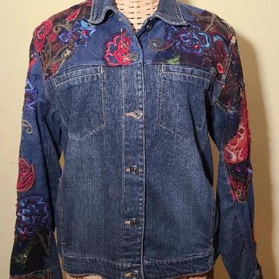 Chico's Size 1 Embroidered Patch Denim Jacket
