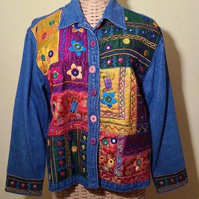 Embroidered Sari Patched, "Mirror" Accented Denim Jacket From India