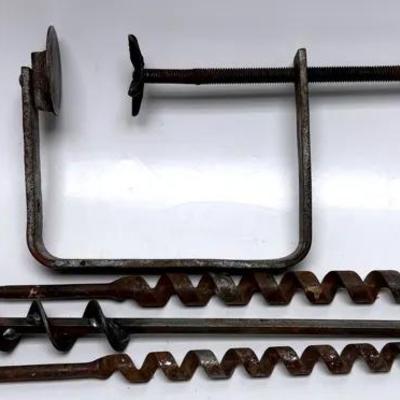 Vintage Woodworking Set: Auger Bits & C-Clamp