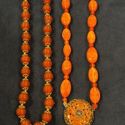 Vintage Carved Carnelian Pendant Necklace And Carnelian Beaded Necklace
