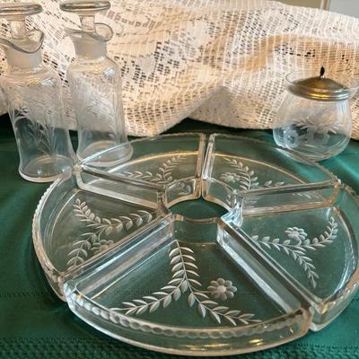 Etched Glass Oil & Vinegar Cruets, Appetizer Dishes And Jam Jar