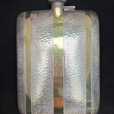Sterling And 18K Inlaid Monogrammed Flask